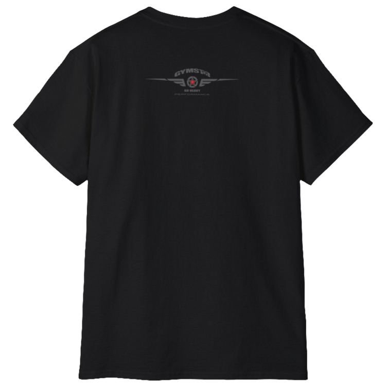 A  black Gymstar t-shirt with a graphic print Born To Pump and a barbell in the center, designed for fitness and sports. Front logo close up view