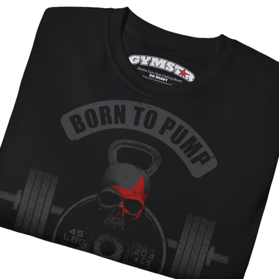 A  black Gymstar t-shirt with a graphic print Born To Pump and a barbell in the center, designed for fitness and sports. Front  close up view