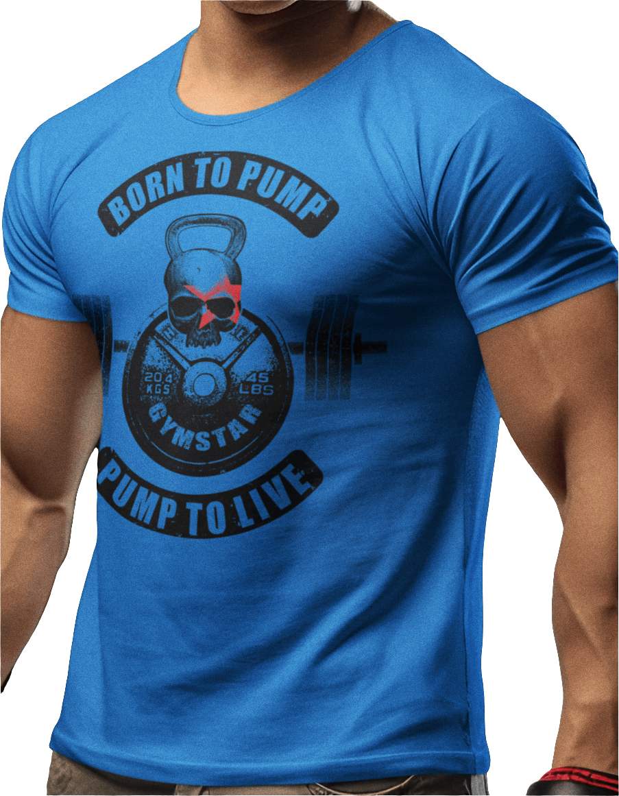 A person wearing a blue Gymstar t-shirt with a graphic design that includes a skull, barbell, and text phrases Born to pump related to bodybuilding.