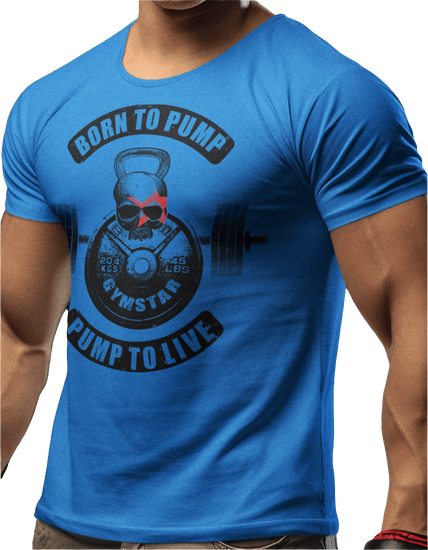 A person wearing a blue Gymstar t-shirt with a graphic design that includes a skull, barbell, and text phrases Born to pump related to bodybuilding.