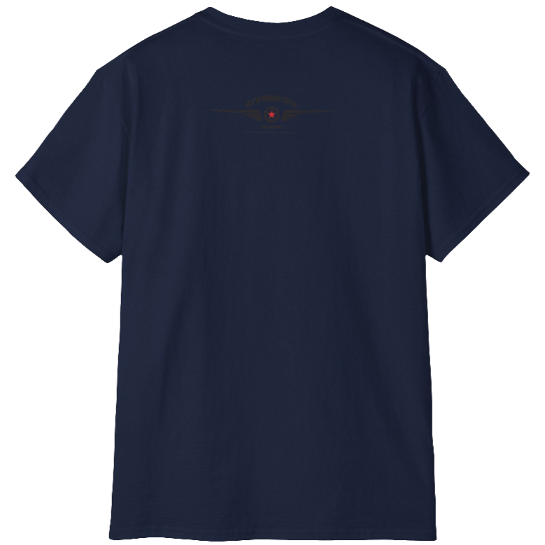 A  navy blue Gymstar t-shirt with a graphic print Born To Pump and a barbell in the center, designed for fitness and sports. Rare view.