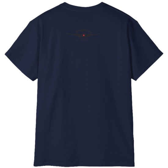 A  navy blue Gymstar t-shirt with a graphic print Born To Pump and a barbell in the center, designed for fitness and sports. Rare view.