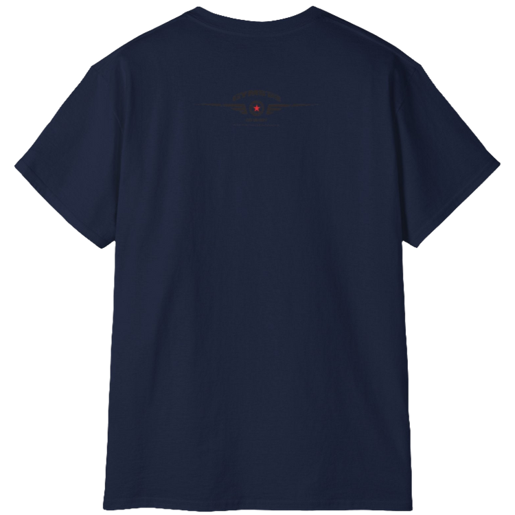 A  navy blue Gymstar t-shirt with a graphic print Born To Pump and a barbell in the center, designed for fitness and sports. Rare view.