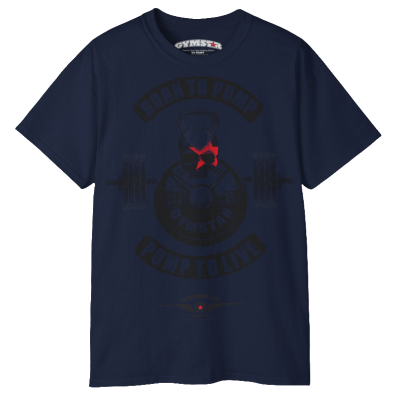 A  navy blue Gymstar t-shirt with a graphic print Born To Pump and a barbell in the center, designed for fitness and sports. Front view.