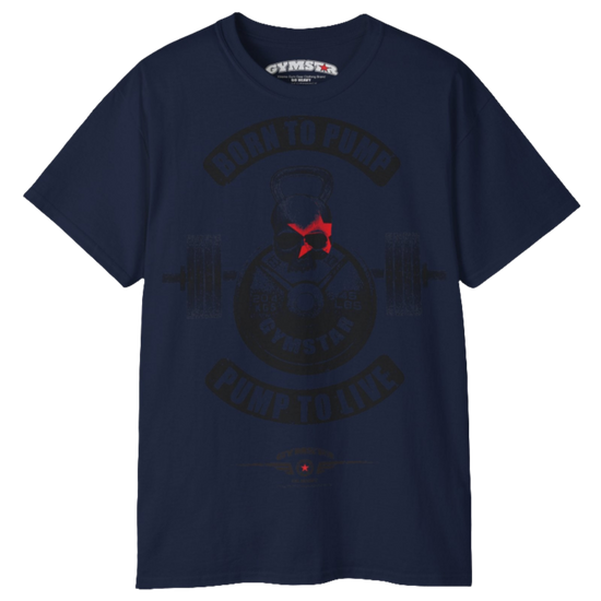 A  navy blue Gymstar t-shirt with a graphic print Born To Pump and a barbell in the center, designed for fitness and sports. Front view.