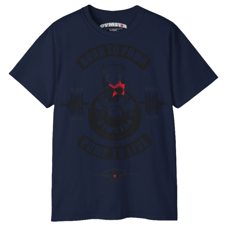 A  navy blue Gymstar t-shirt with a graphic print Born To Pump and a barbell in the center, designed for fitness and sports. Front view.