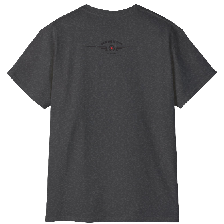 A   grey Gymstar t-shirt with a graphic print Born To Pump and a barbell in the center, designed for fitness and sports. Rare view.