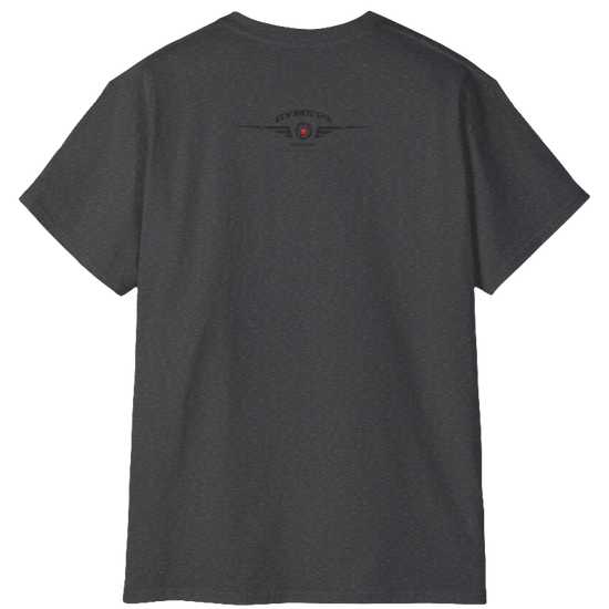 A   grey Gymstar t-shirt with a graphic print Born To Pump and a barbell in the center, designed for fitness and sports. Rare view.
