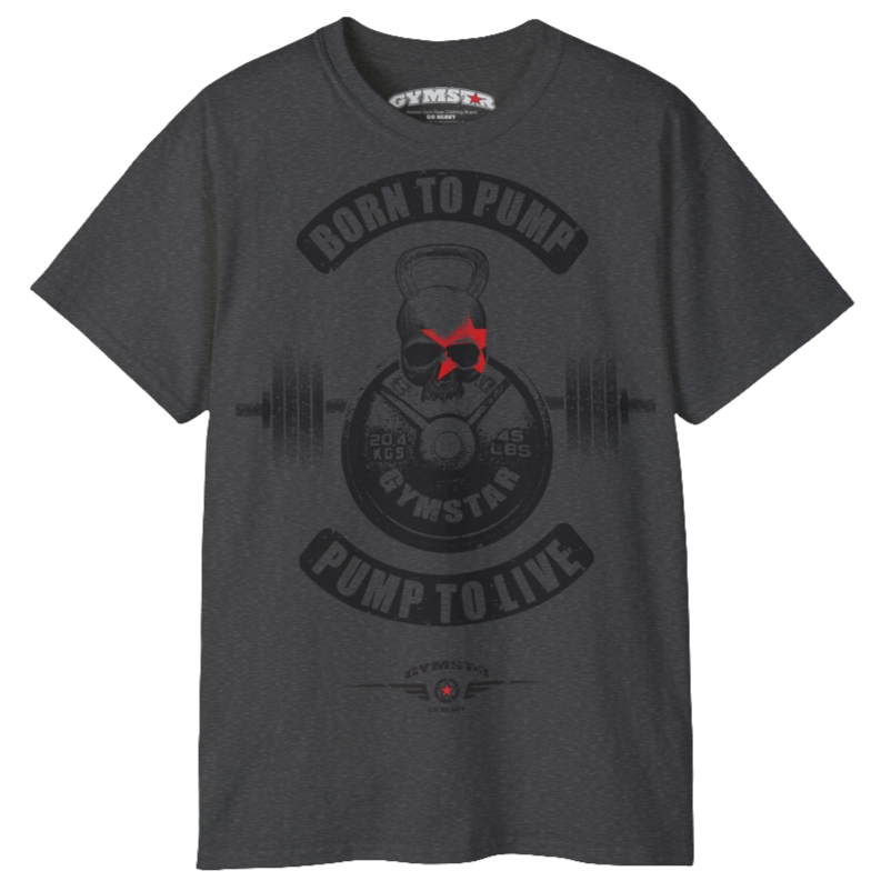 A  grey Gymstar t-shirt with a graphic print Born To Pump and a barbell in the center, designed for fitness and sports. Front view.