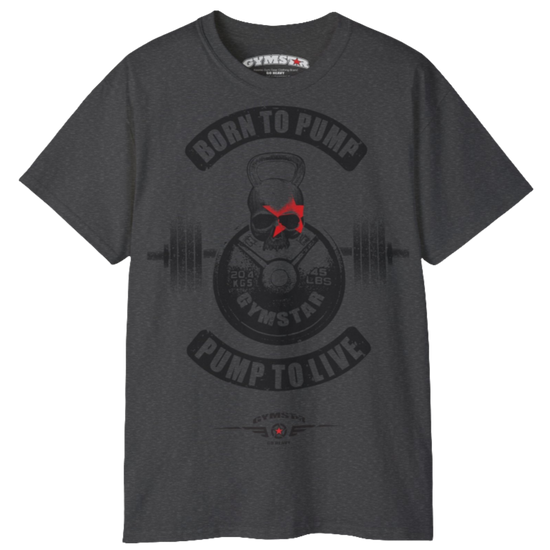 A  grey Gymstar t-shirt with a graphic print Born To Pump and a barbell in the center, designed for fitness and sports. Front view.
