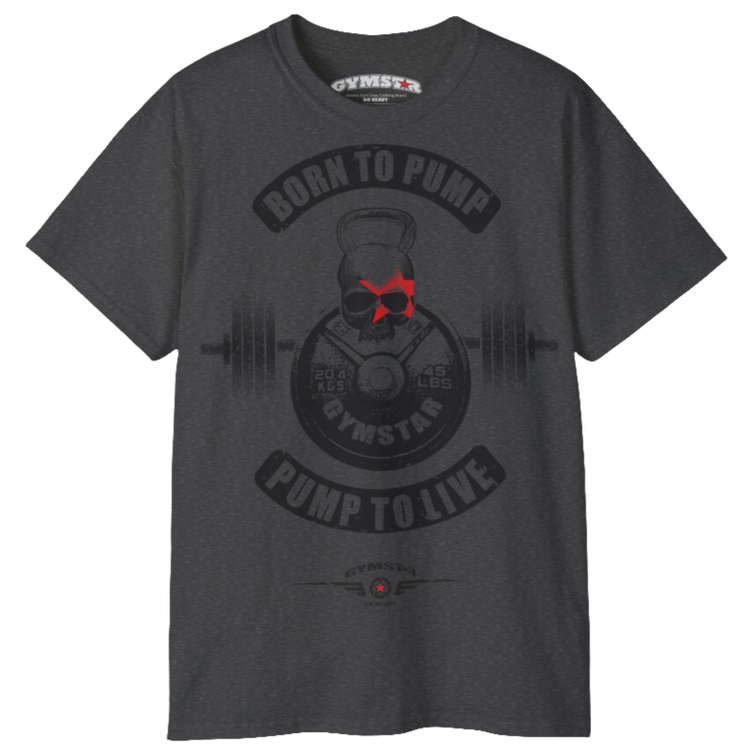 A  grey Gymstar t-shirt with a graphic print Born To Pump and a barbell in the center, designed for fitness and sports. Front view.