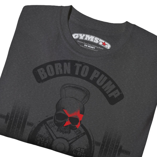 A  grey Gymstar t-shirt with a graphic print Born To Pump and a barbell in the center, designed for fitness and sports. Front  close up view.