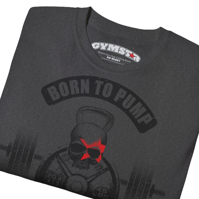 A  grey Gymstar t-shirt with a graphic print Born To Pump and a barbell in the center, designed for fitness and sports. Front  close up view.