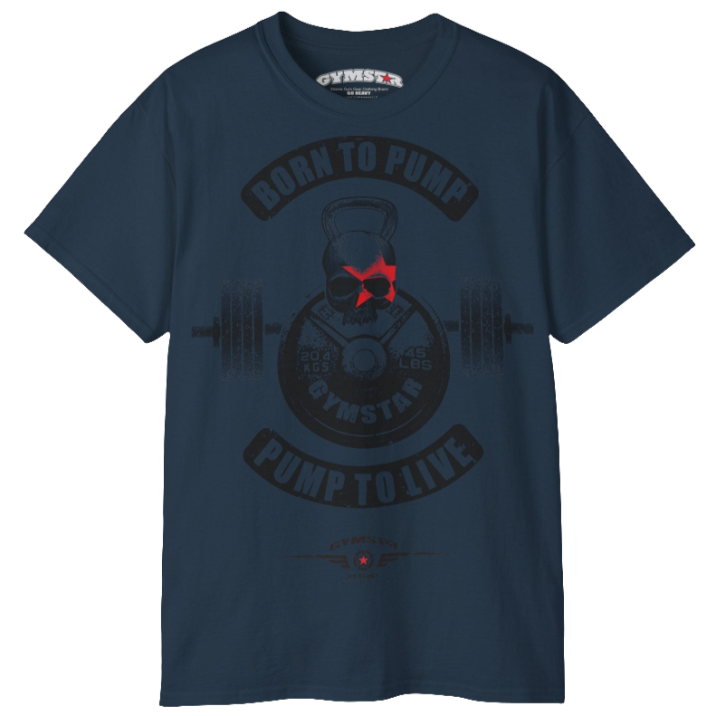 A  deep navy Gymstar t-shirt with a graphic print Born To Pump and a barbell in the center, designed for fitness and sports. Front view.