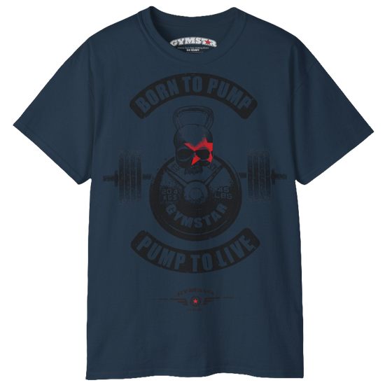 A  deep navy Gymstar t-shirt with a graphic print Born To Pump and a barbell in the center, designed for fitness and sports. Front view.