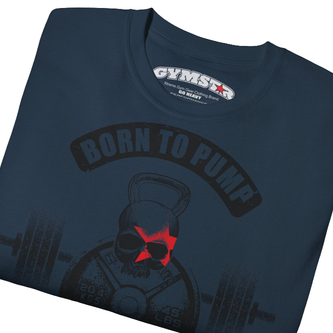 A  deep navy Gymstar t-shirt with a graphic print Born To Pump and a barbell in the center, designed for fitness and sports. Front  close up view.