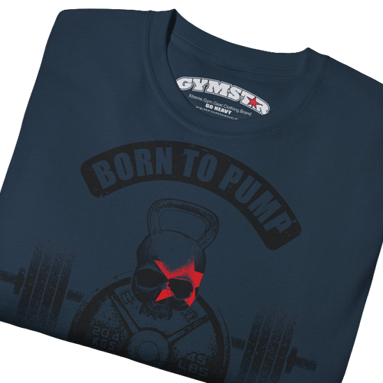 A  deep navy Gymstar t-shirt with a graphic print Born To Pump and a barbell in the center, designed for fitness and sports. Front  close up view.