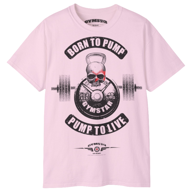 A  pink Gymstar t-shirt with a graphic print Born To Pump and a barbell in the center, designed for fitness and sports. Front  view.