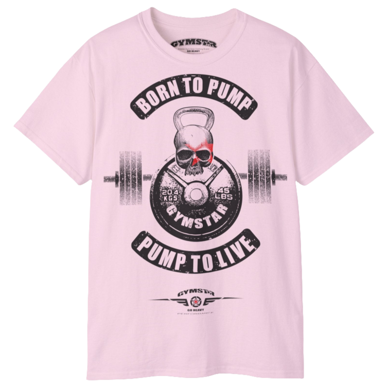 A  pink Gymstar t-shirt with a graphic print Born To Pump and a barbell in the center, designed for fitness and sports. Front  view.