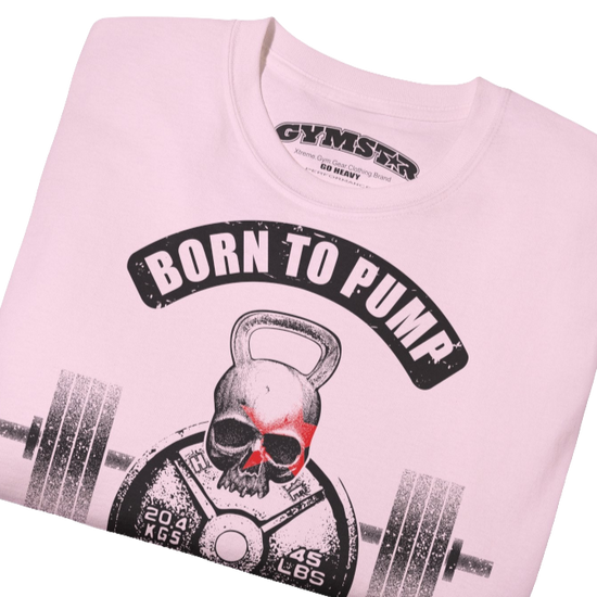 A  pink Gymstar t-shirt with a graphic print Born To Pump and a barbell in the center, designed for fitness and sports. Front  close up view.