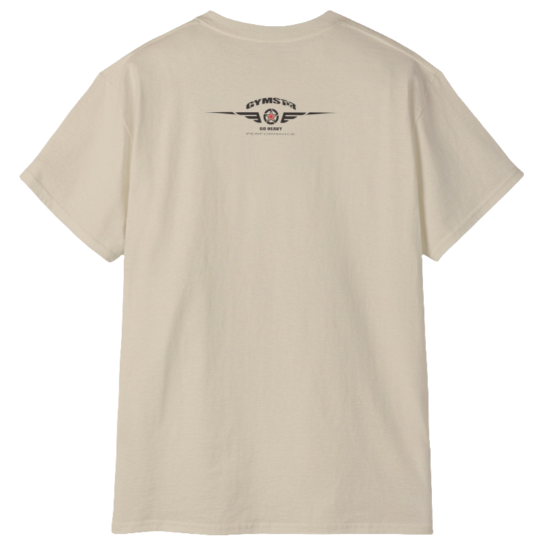 A  beige Gymstar t-shirt with a graphic print Born To Pump and a barbell in the center, designed for fitness and sports. Rare view.