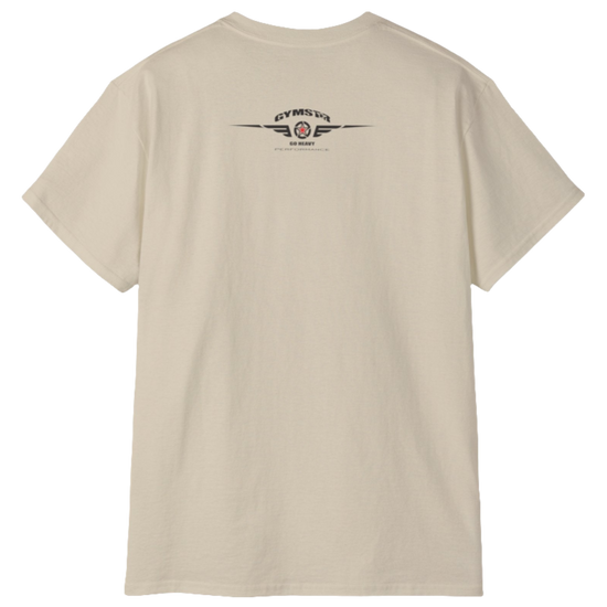 A  beige Gymstar t-shirt with a graphic print Born To Pump and a barbell in the center, designed for fitness and sports. Rare view.