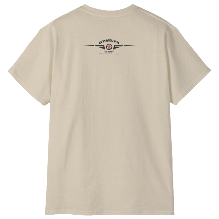 A  beige Gymstar t-shirt with a graphic print Born To Pump and a barbell in the center, designed for fitness and sports. Rare view.
