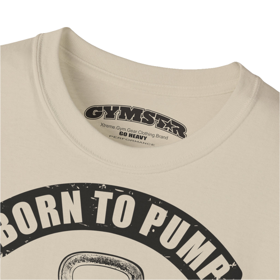 A  beige Gymstar t-shirt with a graphic print Born To Pump and a barbell in the center, designed for fitness and sports. Front logo close up view.