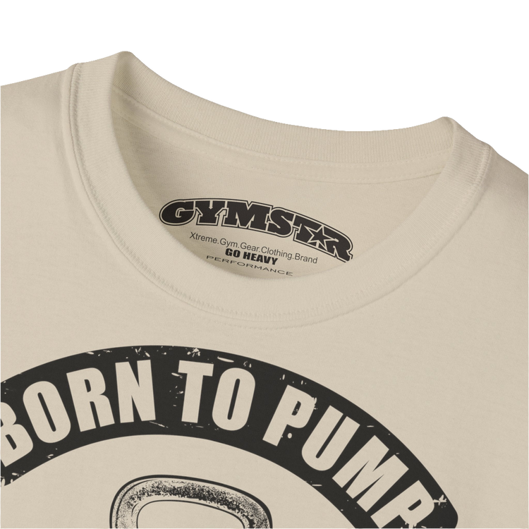 A  beige Gymstar t-shirt with a graphic print Born To Pump and a barbell in the center, designed for fitness and sports. Front logo close up view.