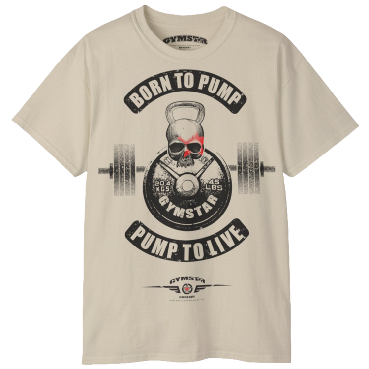 A  beige Gymstar t-shirt with a graphic print Born To Pump and a barbell in the center, designed for fitness and sports. Front view.