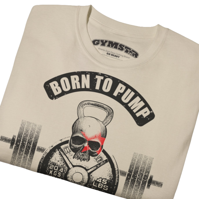 A  beige Gymstar t-shirt with a graphic print Born To Pump and a barbell in the center, designed for fitness and sports. Front  close up view.