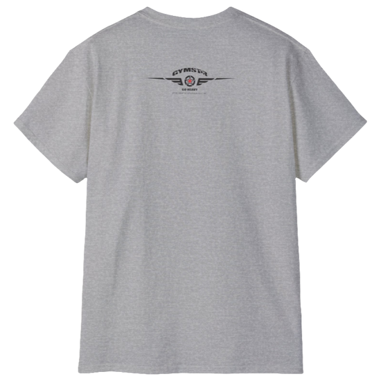A  silver grey Gymstar t-shirt with a graphic print Born To Pump and a barbell in the center, designed for fitness and sports. rear view.