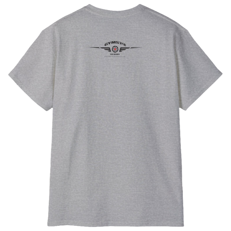 A  silver grey Gymstar t-shirt with a graphic print Born To Pump and a barbell in the center, designed for fitness and sports. rear view.