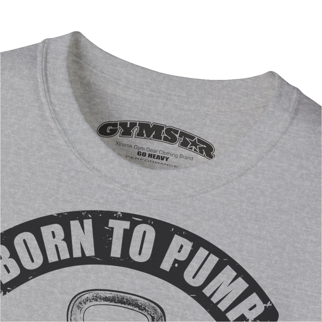 A  silver grey Gymstar t-shirt with a graphic print Born To Pump and a barbell in the center, designed for fitness and sports. Front logo close up view