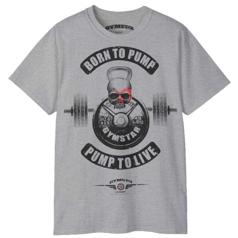 A  silver grey Gymstar t-shirt with a graphic print Born To Pump and a barbell in the center, designed for fitness and sports. Front view.