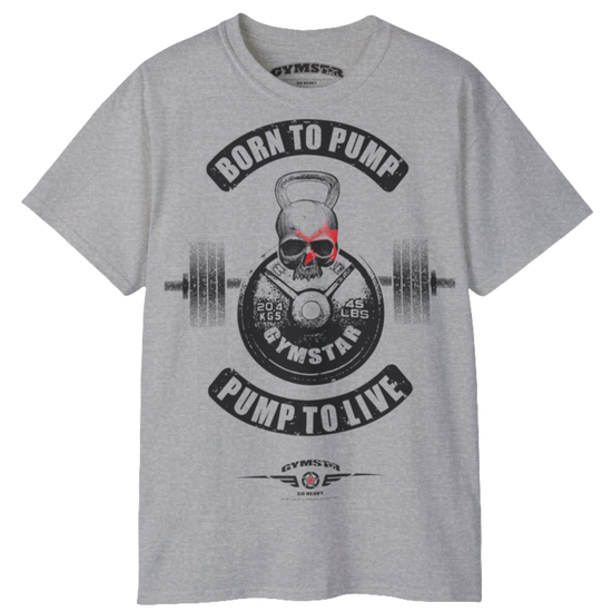 A  silver grey Gymstar t-shirt with a graphic print Born To Pump and a barbell in the center, designed for fitness and sports. Front view.