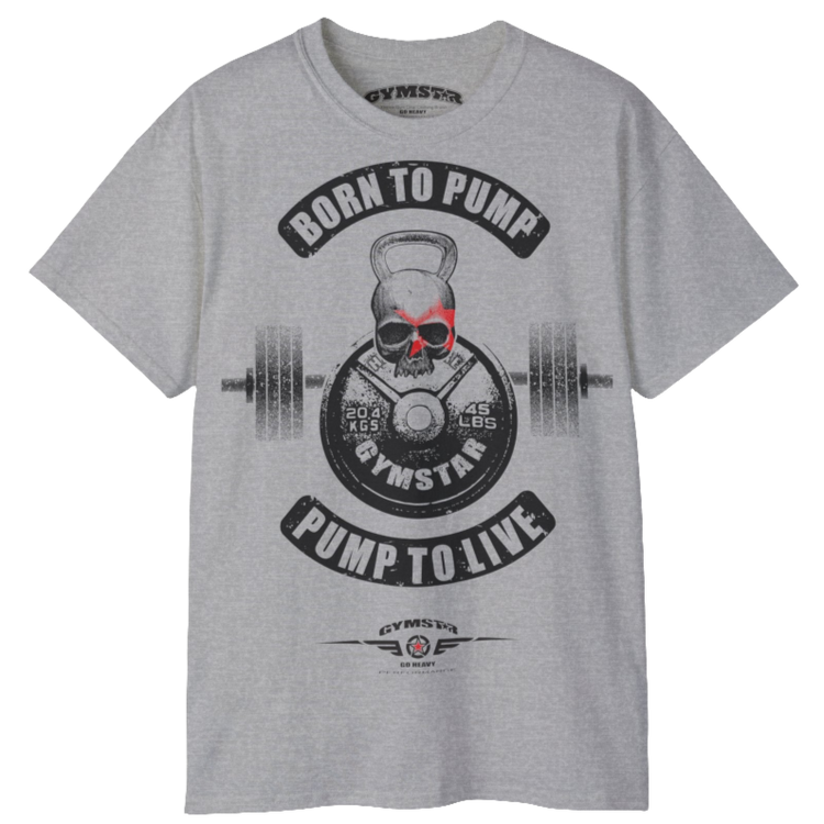 A  silver grey Gymstar t-shirt with a graphic print Born To Pump and a barbell in the center, designed for fitness and sports. Front view.