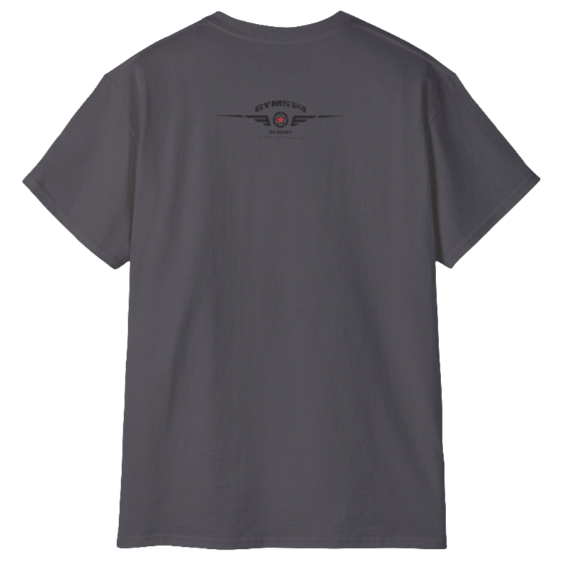 A  sport gre Gymstar t-shirt with a graphic print Born To Pump and a barbell in the center, designed for fitness and sports. Rear view.
