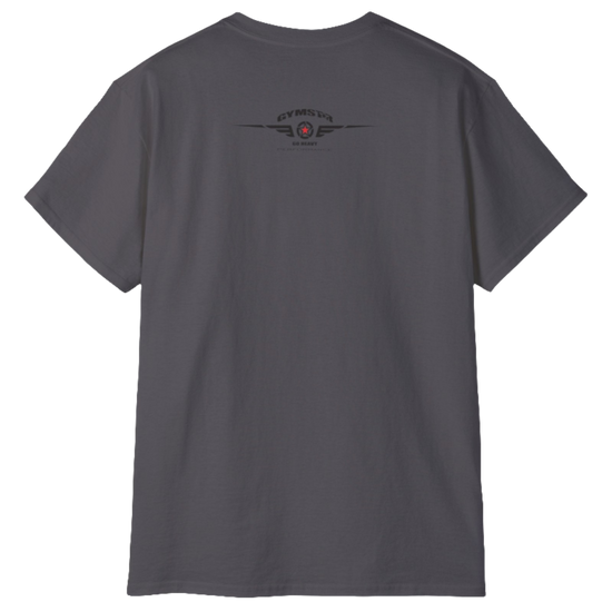A  sport gre Gymstar t-shirt with a graphic print Born To Pump and a barbell in the center, designed for fitness and sports. Rear view.