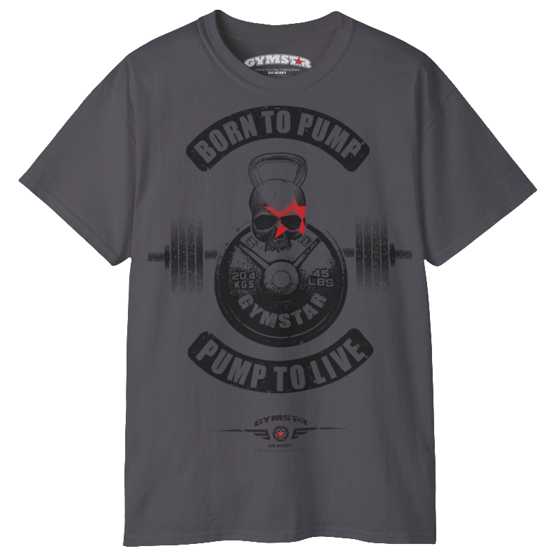 A  sport grey Gymstar t-shirt with a graphic print Born To Pump and a barbell in the center, designed for fitness and sports. Front view.