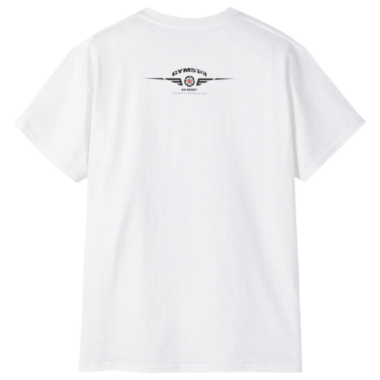 A  white Gymstar t-shirt with a graphic print Born To Pump and a barbell in the center, designed for fitness and sports. Rare view