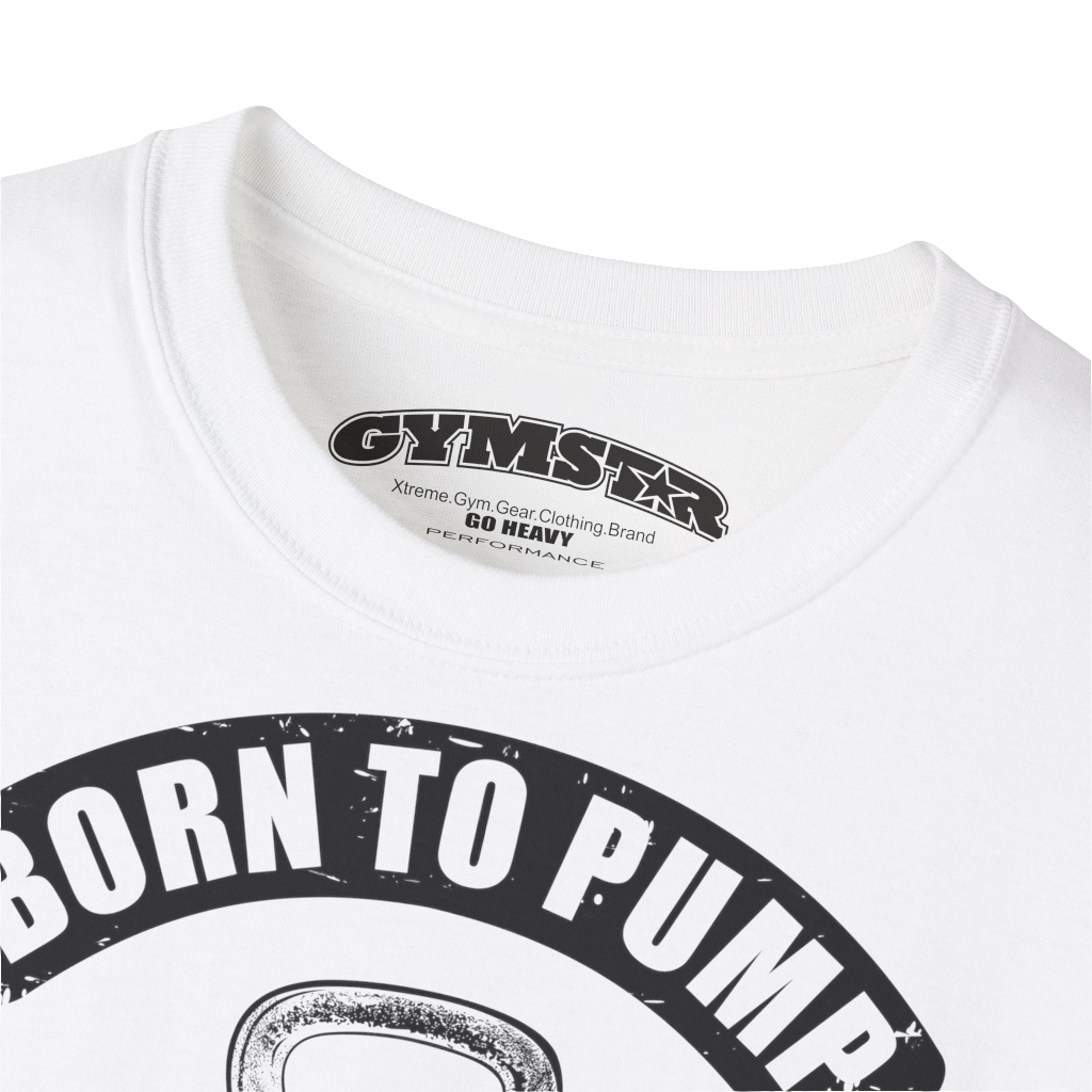 A  white Gymstar t-shirt with a graphic print Born To Pump and a barbell in the center, designed for fitness and sports. Front logo close up view