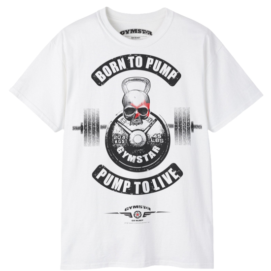 A  white Gymstar t-shirt with a graphic print Born To Pump and a barbell in the center, designed for fitness and sports. Front view.