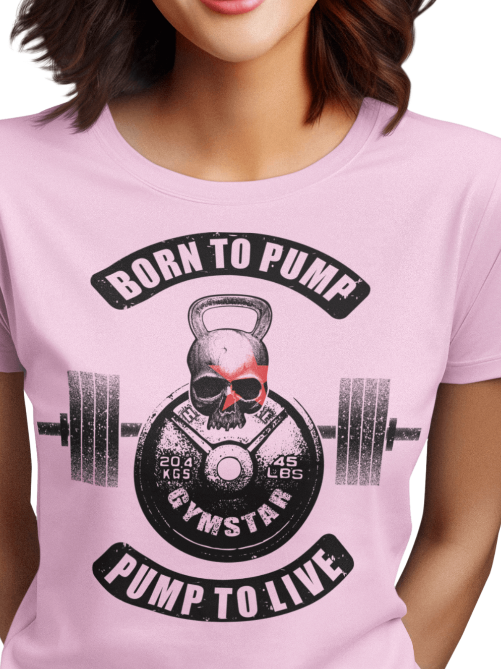 A woman wearing pink Gymstar t-shirt with a graphic print Born To Pump and a barbell in the center, designed for fitness and sports. Front close up view.