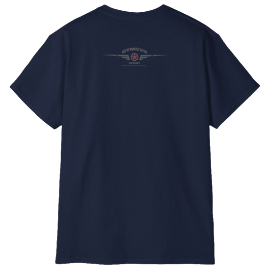 A  deep navy Gymstar t-shirt with a graphic print Brutalica and a barbell in the center, designed for fitness and sports. Rear view.
