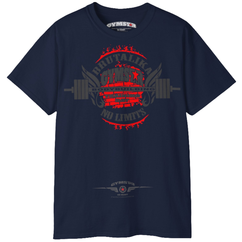 A grey Gymstar t-shirt with a graphic print Brutalika and a barbell in the center, designed for fitness and sports. Front view.