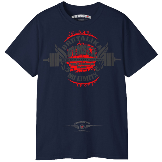 A grey Gymstar t-shirt with a graphic print Brutalika and a barbell in the center, designed for fitness and sports. Front view.