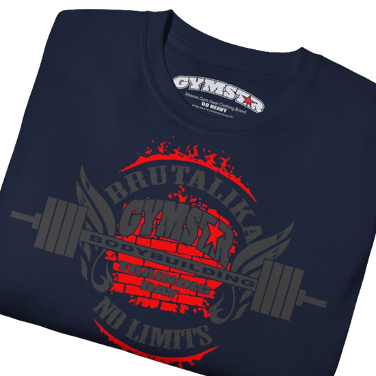 A  deep navy Gymstar t-shirt with a graphic print Brutalica and a barbell in the center, designed for fitness and sports. Front  close up view.