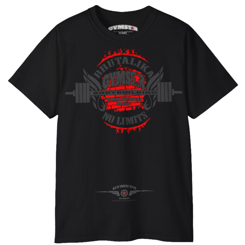 A black Gymstar t-shirt with a graphic print Brutalika and a barbell in the center, designed for fitness and sports. Front view.
