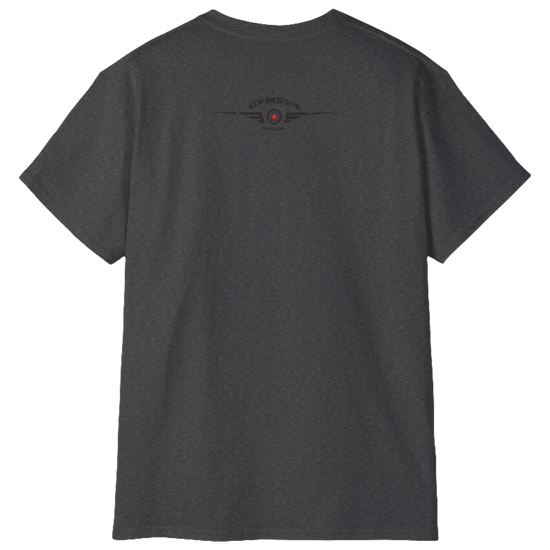 A  grey Gymstar t-shirt with a graphic print Brutalica and a barbell in the center, designed for fitness and sports. Rear view.